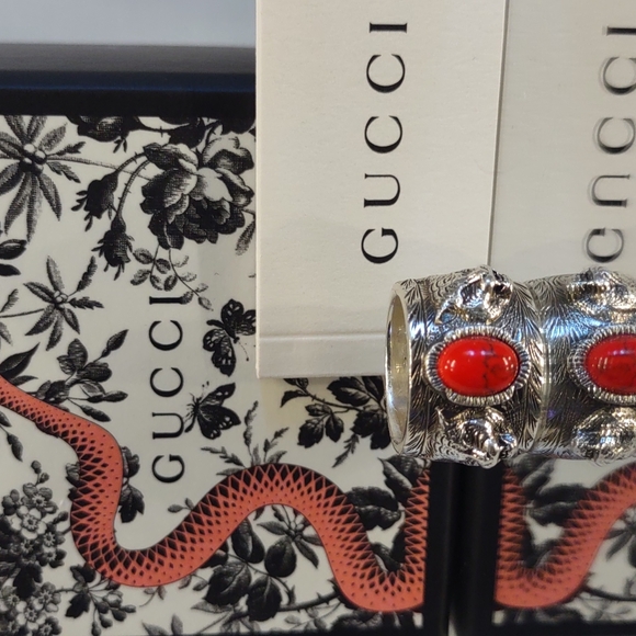 Gucci Garden Red Feline GG Logo Sterling Silver Ring Italy 13 Women's 6.5 New
